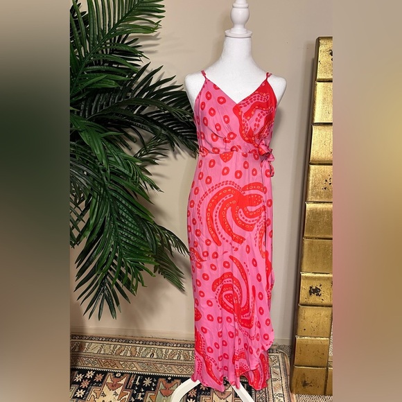 Farm Rio Octocool Wrap Dress V Neck Ruffled Detail Asymmetric Hem Pink Size M - Picture 3 of 8